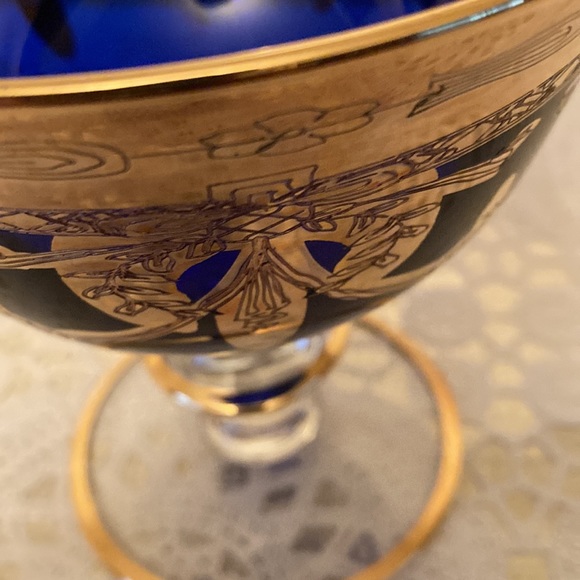 SC LINE Cobalt Blue 24K Gold Swags Goblet Mouth Blown and Hand Decorated Italy - Picture 3 of 8